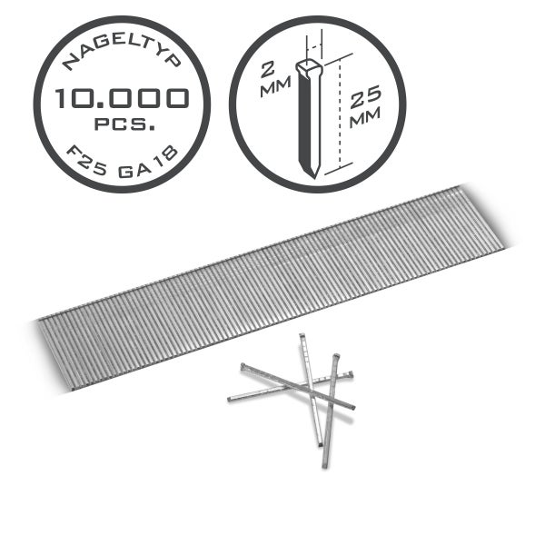 10.000 Stiftnägel Typ F25 Gauge 18, Länge 25 Millimeter, Breite 2 Millimeter, als Streifen und lose Nägel.