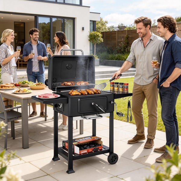 Schwarzer Holzkohlegrill auf einer Terrasse mit Personen, die Fleisch grillen und an einem Tisch im Freien essen.