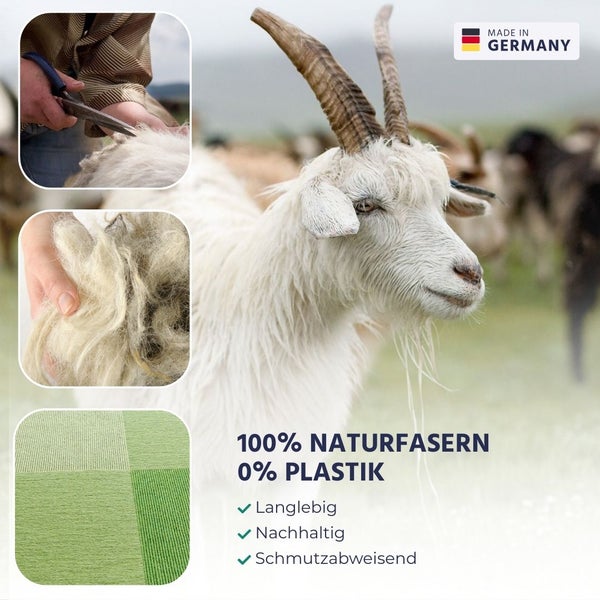 Ziege auf der Weide, Teppich aus 100 Prozent Naturfasern ohne Plastik, langlebig, nachhaltig, schmutzabweisend, Made in Germany.
