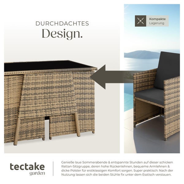 Rattan Sitzgruppe tectake Lausanne zusammenschiebbar für 2 Personen natur