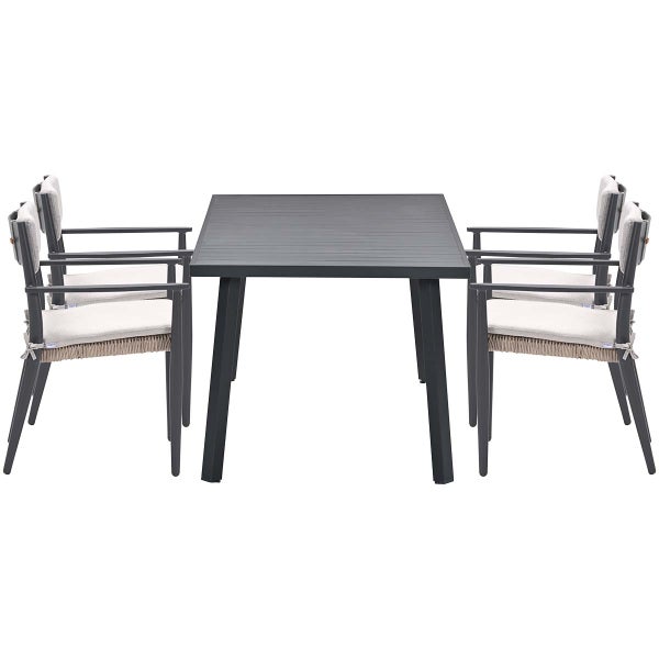 Gartenmöbel Set aus Aluminium mit einem rechteckigen Tisch und vier Stühlen mit hellen Sitz und Rückenpolstern.