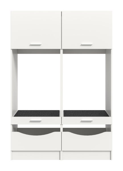Doppelter Waschmaschinenschrank mit Oberschränken, Auszugstisch und Schubladen.