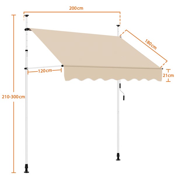 Terrassenmarkise mit den Maßen 200 x 180 Zentimeter und einer Höhe von 210 bis 300 Zentimeter