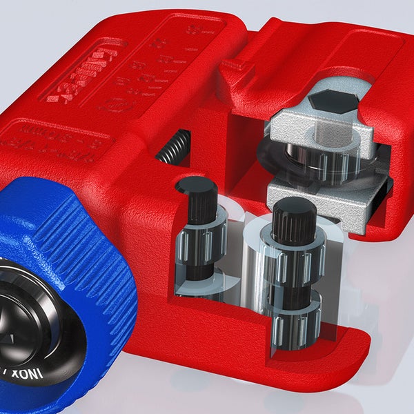 Kabelschneider mit rotem Gehäuse und blauem Drehknopf