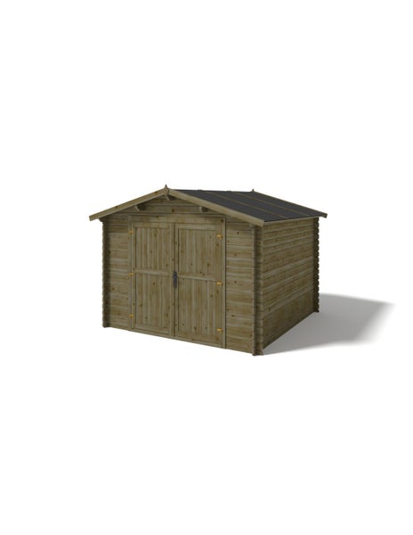 Gartenhaus aus Holz mit Doppeltür und Satteldach in Blockbohlenbauweise.