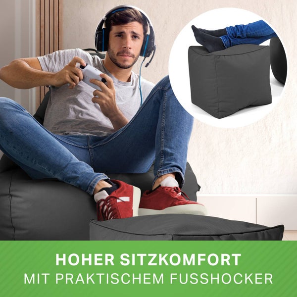 Green Bean 2er Set Sitzsack + Hocker - fertig befüllt - robust waschbar schmutzabweisend - Kinder & Erwachsene Bean Bag Bodenkissen Lounge Sitzhocker Relax-Sessel Gamer Gamingstuhl Pouf - Anthrazit
