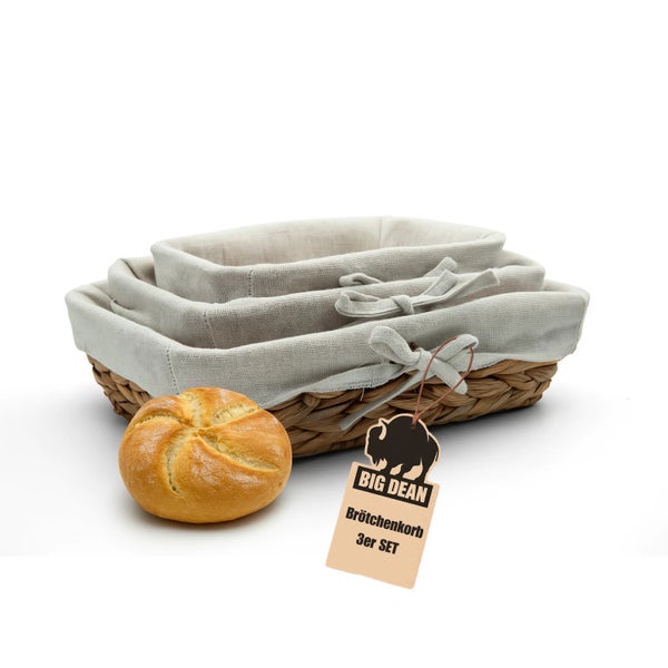 Dreiteiliges Set Brötchenkörbe aus geflochtenem Naturmaterial mit Stoffeinsatz von BIG DEAN.