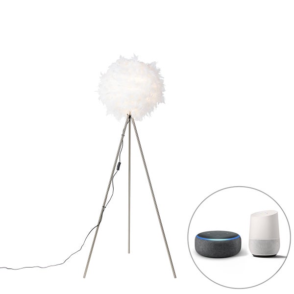 QAZQA - Modern Pfiffige romantische Stehlampe weiß inkl. Wifi A60 - Feather I Wohnzimmer I Schlafzimmer - Stahl Rund - LED geeignet E27
