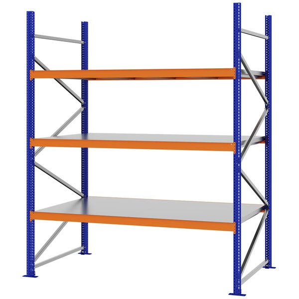 Schwerlastregal aus Metall mit blauem Rahmen, orangefarbenen Traversen und drei verzinkten Fachböden.