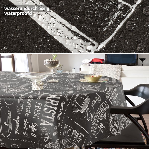 Abwaschbare, runde Tischdecke mit Barista-Motiv im Kreidestil und wasserabweisender Oberfläche, auf der Wassertropfen abperlen.