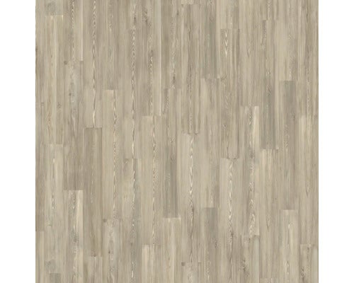 Laminatboden in Holzoptik mit Drei-Stab-Dekor und feiner Maserung in hellem Graubraun.
