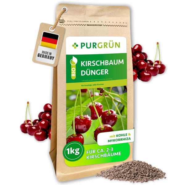 Purgrün Bio Kirschbaum Dünger, 1 Kilogramm, mit Kohle und Mykorrhiza, für circa zwei bis drei Kirschbäume, hergestellt in Deutschland.