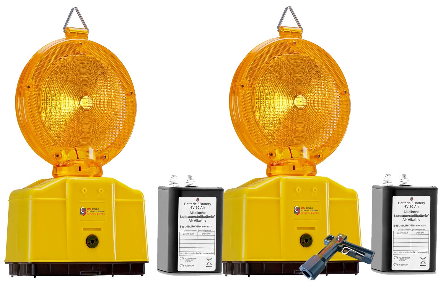 Baustellenleuchten Set UVWARN Warnleuchten gelb mit Batterien (High Power) / Set B mit 50 Ah / 2 Lampen + 2 Batterien