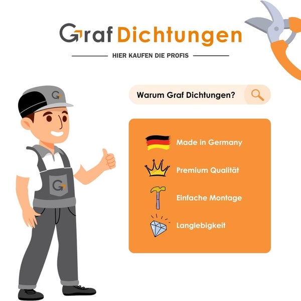 Graf Dichtungen Logo mit Handwerker Illustration und Merkmalen wie Made in Germany, Premium Qualität, einfache Montage und Langlebigkeit.