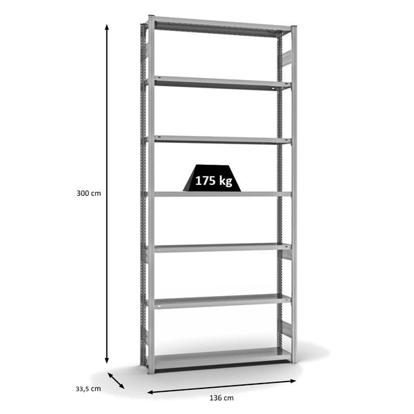 PROREGAL Fachbodenregal Stecksystem T-Profil Light-Duty Grundregal HxBxT 300 x 130 x 30 cm 7 Ebenen Fachlast 175 kg Beidseitig Nutzbar Verzinkt