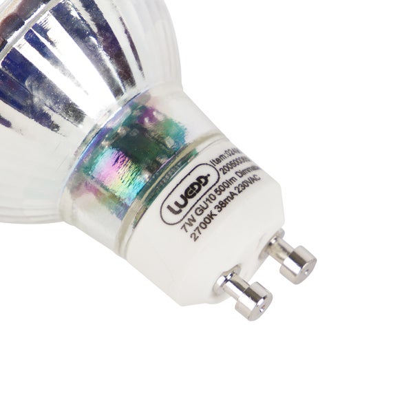 Dimmbares LED-Leuchtmittel LUEDD mit GU10 Sockel, 7 Watt, 500 Lumen und 2700 Kelvin.