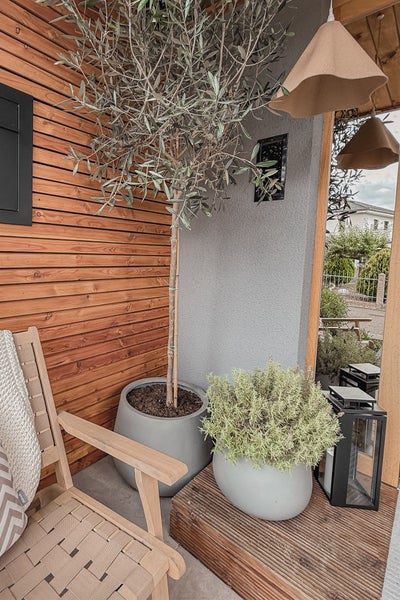 Strukturierter Außenbereich mit Olivenbaum im grauen Pflanzkübel, Holzfassade, Gartenstuhl und großem Spiegel.