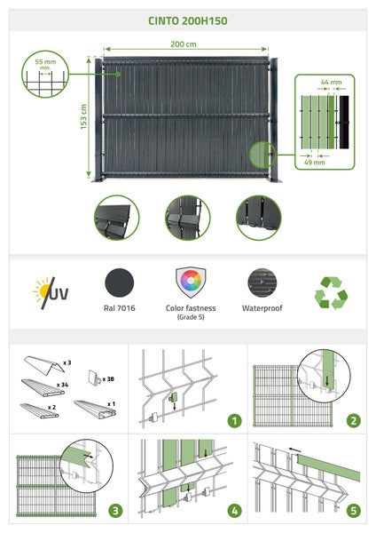 PVC-Sichtschutzlamellen-Set 2m CINTO H.150cm grau