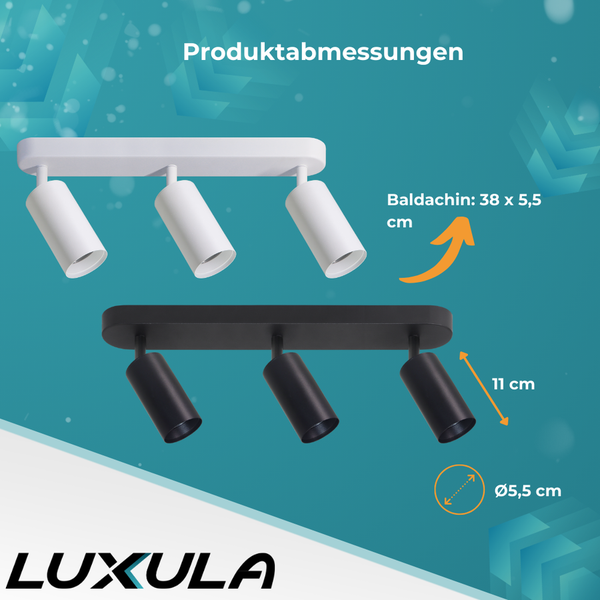 Abmessungen der Luxula Deckenleuchte mit drei Strahlern