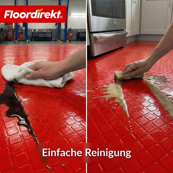 Floor direkt Logo. Reinigung einer roten Bodenmatte mit Lappen und Schwamm.