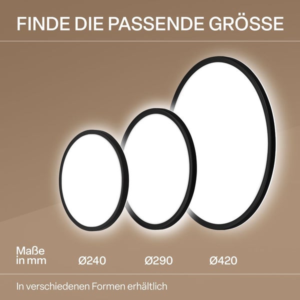 Drei runde LED-Deckenleuchten mit schwarzem Rahmen in den Größen 240 Millimeter, 290 Millimeter und 420 Millimeter Durchmesser.
