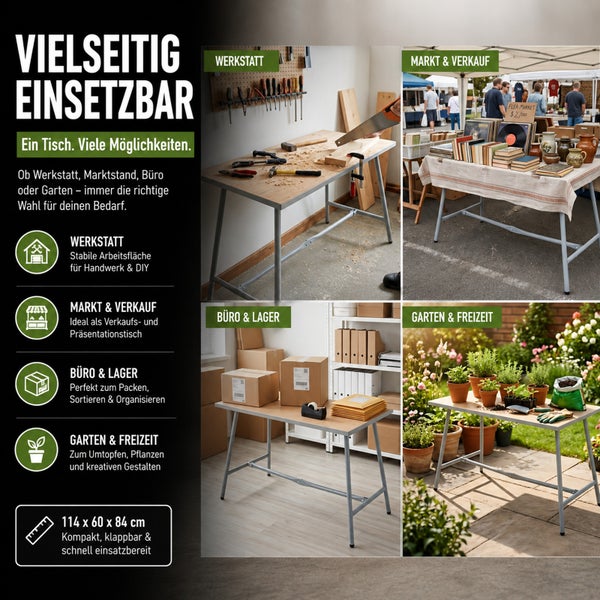 Klappbarer Mehrzwecktisch für Werkstatt, Markt, Büro und Garten. Metallgestell mit Holzplatte, Maße 114 mal 60 mal 84 Zentimeter.