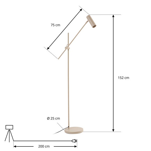 Technische Zeichnung einer Stehlampe mit den Maßen 152 Zentimeter Höhe, 75 Zentimeter Ausladung des Arms, Kabellänge 200 Zentimeter und Fußdurchmesser 25 Zentimeter.