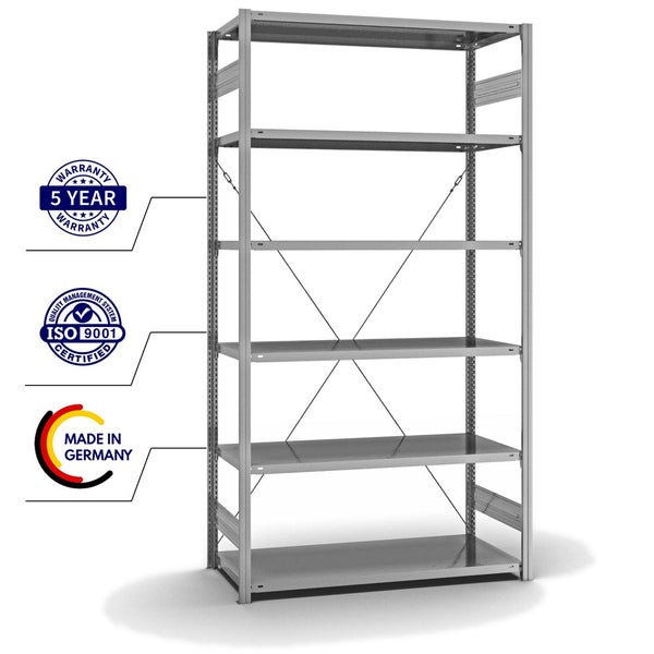 PROREGAL Fachbodenregal Stecksystem T-Profil Light-Duty Grundregal HxBxT 250 x 130 x 60 cm 6 Ebenen Fachlast 190 kg Einseitig Nutzbar Verzinkt