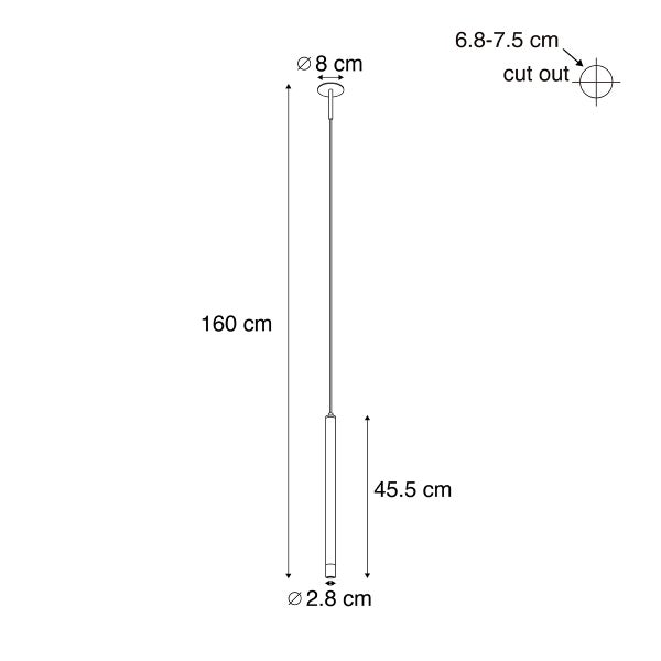 Maßzeichnung einer Pendelleuchte: Höhe 160 Zentimeter, Lampenkörper 45,5 Zentimeter hoch, Durchmesser 2,8 Zentimeter, Deckenanschluss 8 Zentimeter.