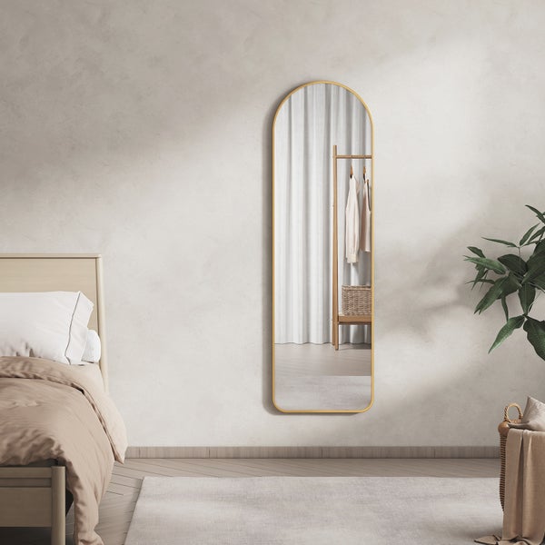 EMKE Bogen Standspiegel 140 x 40 cm, 2-in-1 Ganzkörperspiegel zum Aufstellen oder vertikalen Wandmontage, mit kupferfreiem und rostfreiem Spiegelglas, Aluminiumrahmen in Gold, ideal für Schlaf- und Ankleidezimmer