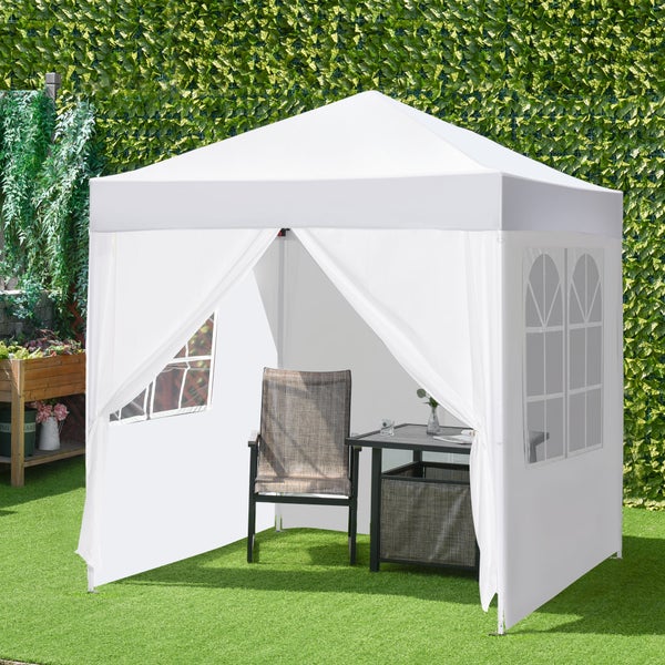 Outsunny Pavillon 2x2m Wasserdicht, Pop-up Faltpavillon mit 4 Seitenwänden, Abflusslöcher Fenster, faltbar Partyzelt UV 30+, Gartenzelt mit Tragetasche, Gartenpavillon für Terrasse, Weiß