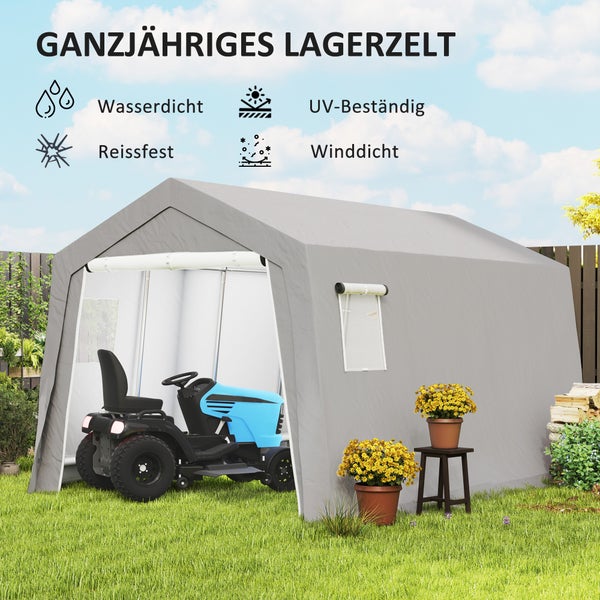 Outsunny Gerätehaus mit Satteldach wasserdicht Gerätezelt mit Türen, Fenster, Anti-Staub-Fahrradabdeckung, Foliengerätehaus Fahradgarage für Terrasse Garten, 300 x 447 x 255 cm, Hellgrau