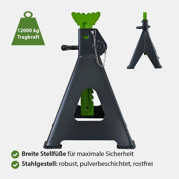 Unterstellbock mit 12000 Kilogramm Tragkraft, robustes pulverbeschichtetes Stahlgestell mit breiten Stellfüßen für maximale Sicherheit.