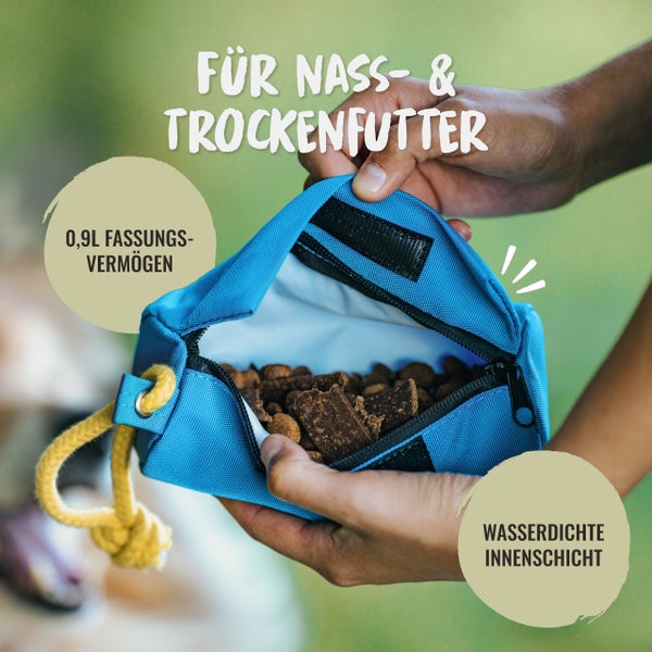 Geöffnete blaue Futtertasche mit Futter gefüllt, geeignet für Nass- und Trockenfutter, Fassungsvermögen 0,9 Liter, wasserdichte Innenschicht