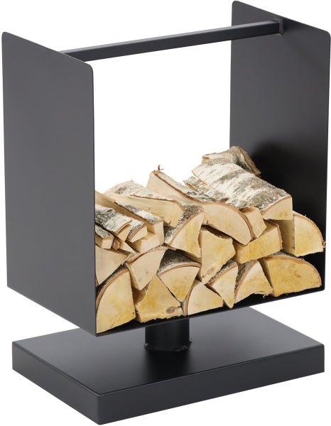 Brennholzregal aus Metall mit Holzscheiten