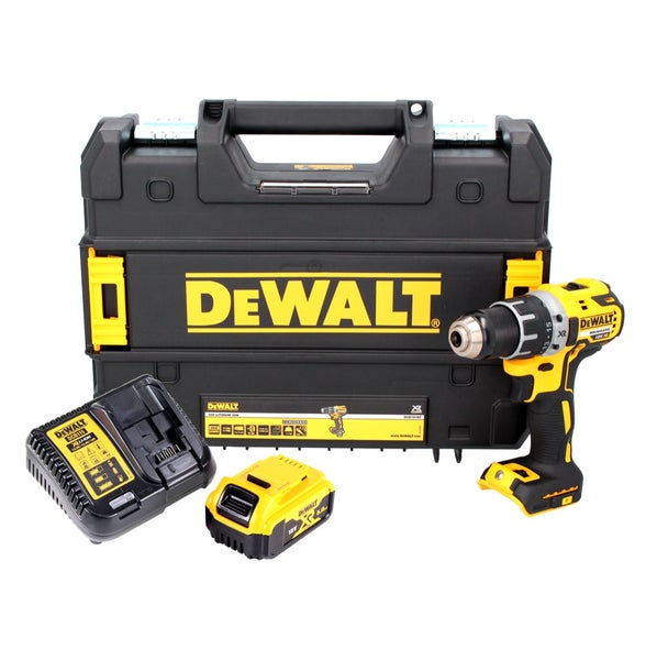 DeWalt Akku-Bohrschrauber Set inklusive 18 Volt Akku, Ladegerät und schwarzem Transportkoffer.