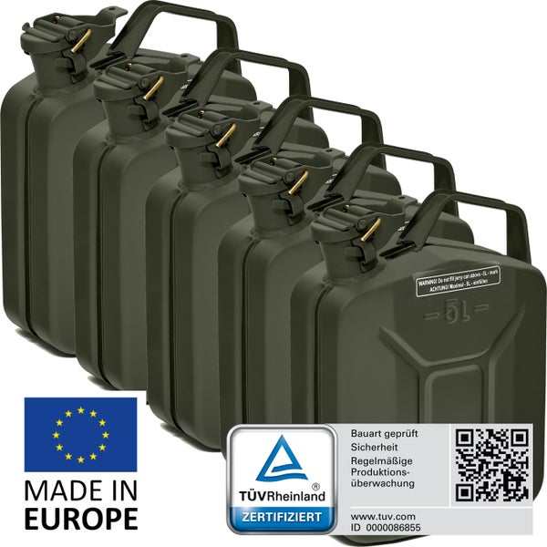 BW® Kraftstoffkanister Metall Benzinkanister 5x 5 Liter - Bronzegrün - RAL 6031-F9 - TÜV-geprüft und UN-Zulassung - Made in Europe