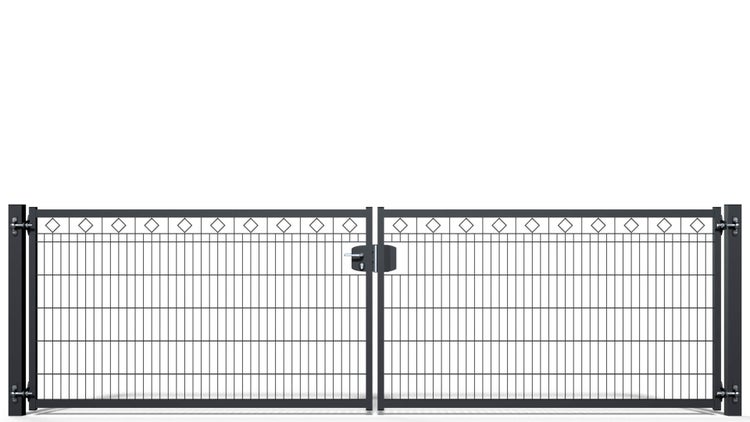Gartentor ZAUNGURU BASIC-Line Berlin Raute aus Metall, Höhe: 123cm, Breite: 441cm, 2-flügelig inkl. Pfosten, Schloss und Zubehör, Feuerverzinkt und in RAL 7016 Anthrazitgrau pulverbeschichtet