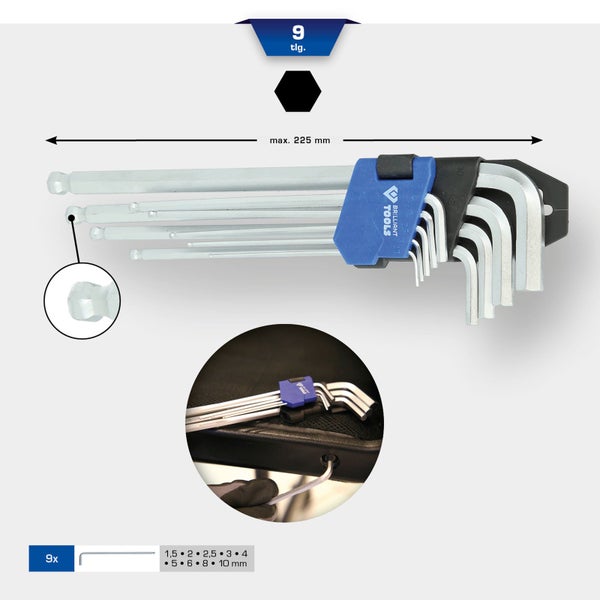 BRILLIANT TOOLS Winkelstiftschlüssel-Satz 9tlg. Innensechskant-Profil lang - BT045019