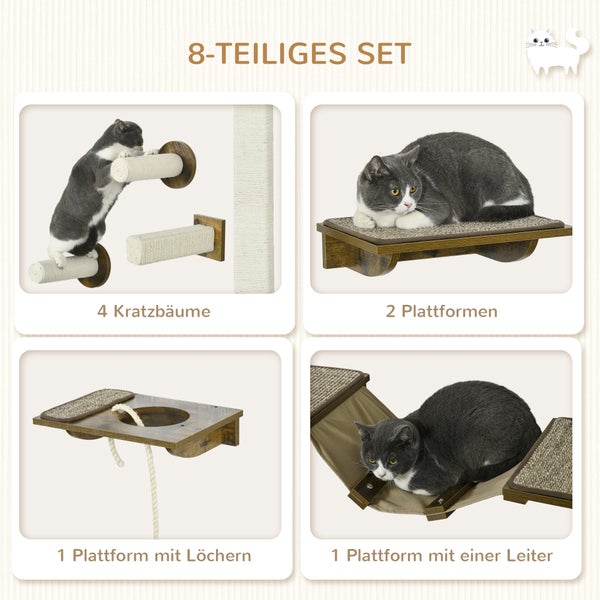PawHut Katzen Kletterwand Set, 8-teilig Katzenmöbel mit Kratzbäumen, Sitzstangen, Kratzbrett, Katzentreppe, Sisal, Braun