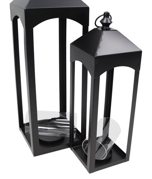 Set aus zwei modernen Metalllaternen für Kerzen mit Glaseinsatz