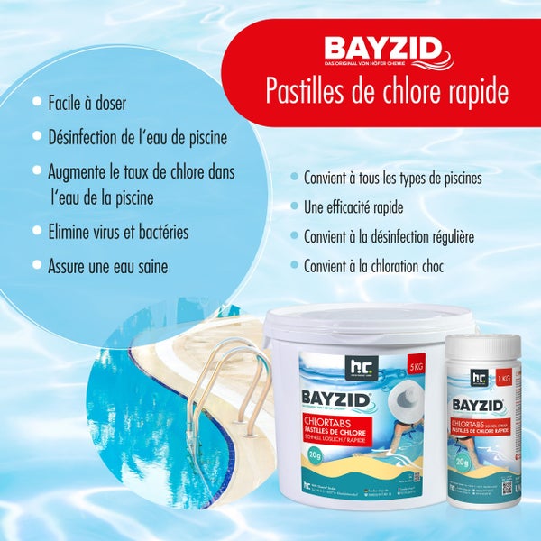Bayzid Chlortabletten zur schnellen Desinfektion für alle Pooltypen in 1-Kilogramm- und 5-Kilogramm-Eimern