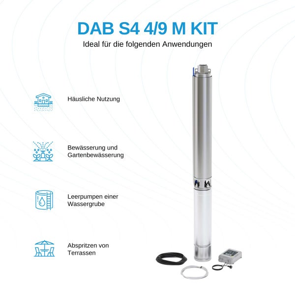 DAB S4 4/9 M KIT Brunnenpumpe - 5.400 L/Std. - 1200W - Förderhöhe 62 m - Rostfreier Stahl - Tiefbrunnenpumpe - Tiefwasserpumpe