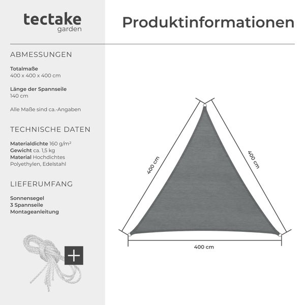 Sonnensegel tectake  inklusive Spannseile dreieckig mit UV-Schutz 50+ grau
