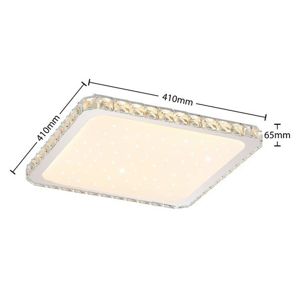 Quadratische LED-Deckenleuchte mit Kristalleffekt am Rand und Sternenhimmel-Design. Maße: 410 Millimeter mal 410 Millimeter, Höhe 65 Millimeter.