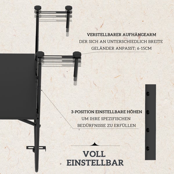 Outsunny Balkontisch zum Einhängen, klappbar Hängetisch, 3-fach höhenverstellbar, bis 15 kg belastbar, 62 x 60 cm, Metall, Schwarz