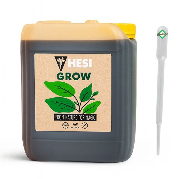 Hesi Grow Flüssigdünger im Kanister mit gelbem Verschluss und einer Pipette zur Dosierung.