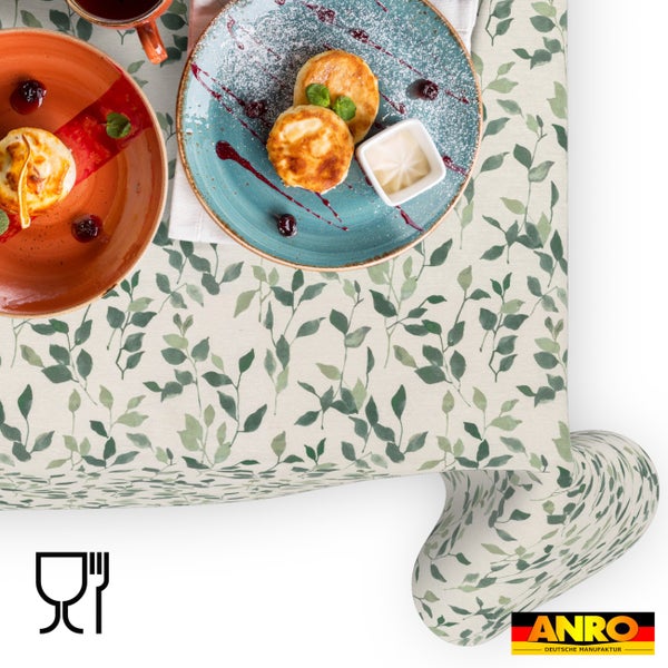 Tischdecke mit grünem Blättermuster, lebensmittelecht, ANRO Logo