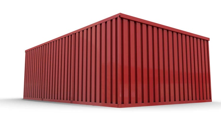 Lagercontainer Gerätehaus L3  – 25 qm, H2150 x B4050 x T6520 mm, Außenwandlackierung RAL 3000 feuerrot, Dach außen verzinkt, mit Holzfußboden, 1270 mm Einflügeltür mittig in Breitseite, montiert