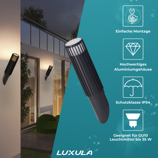 LUXULA Außenleuchte mit Aluminiumgehäuse, einfache Montage, Schutzklasse IP54, geeignet für GU10 Leuchtmittel bis 35 Watt
